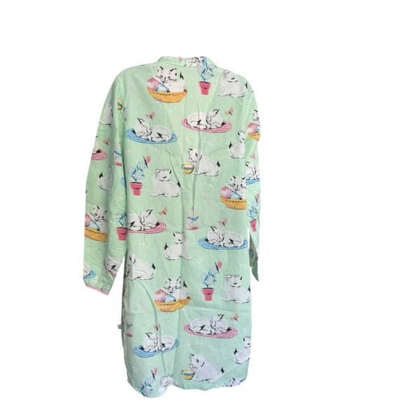 Nick & Nora Mint Green Long Sleeve Nightshirt With Cat Print & Mandarin Collar - Picture 5 of 12